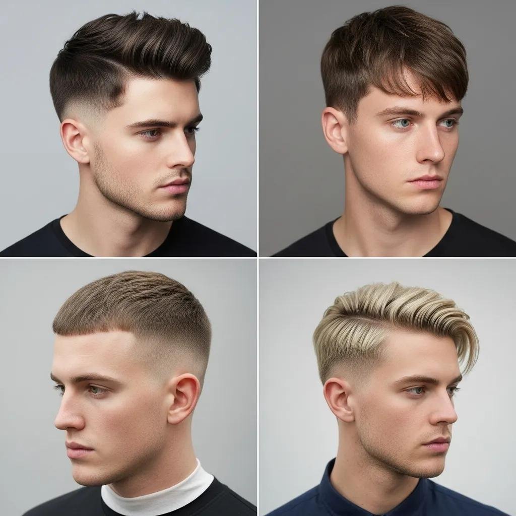 Selection of 2024 men’s hairstyles: modern fade, textured crop, crew cut, and grown-out undercut — current trends for Bethesda
