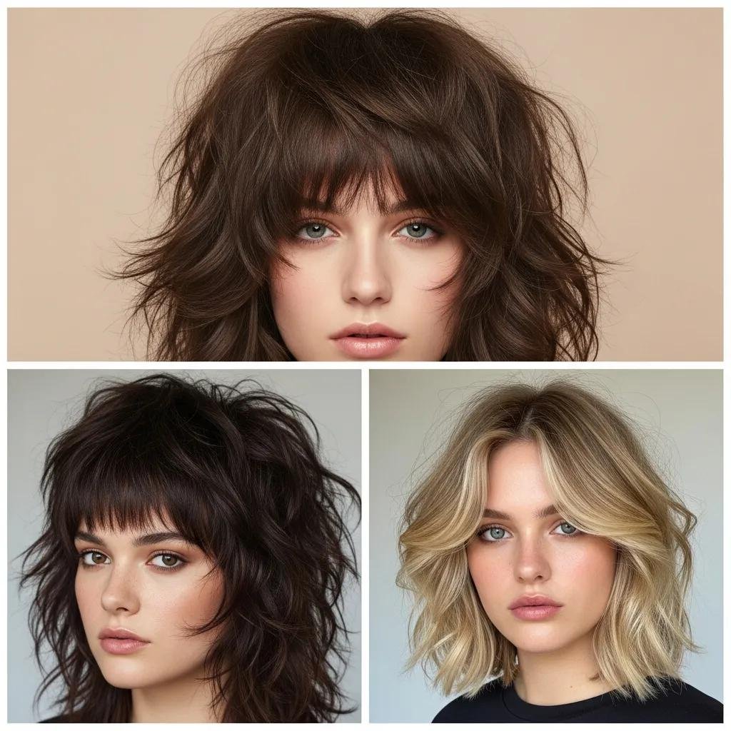 Moodboard of shag, wolf cut, and butterfly cut tailored for thick hair