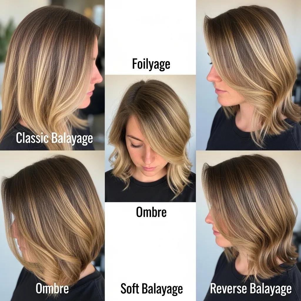Examples of different balayage techniques showing varied color effects