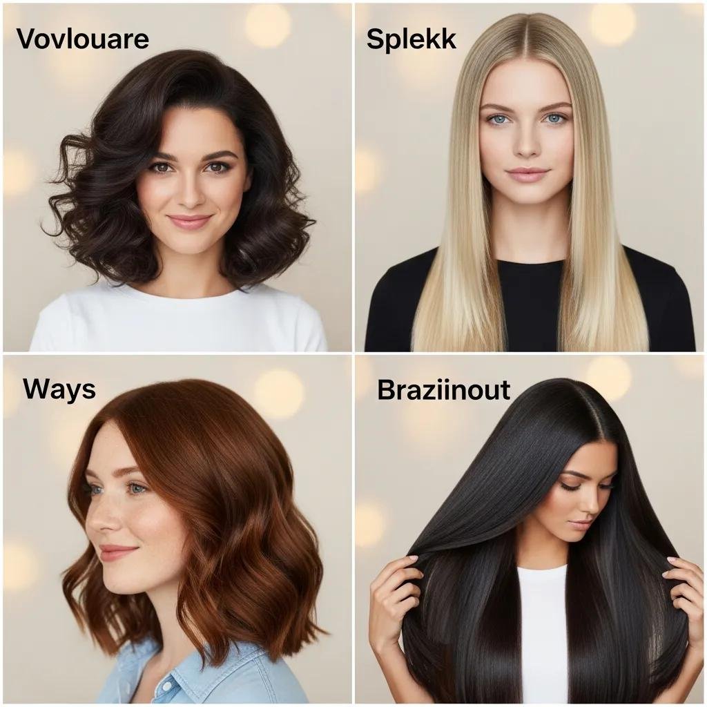 Examples of blowout styles—voluminous, sleek, wavy, and Brazilian—on different hair textures