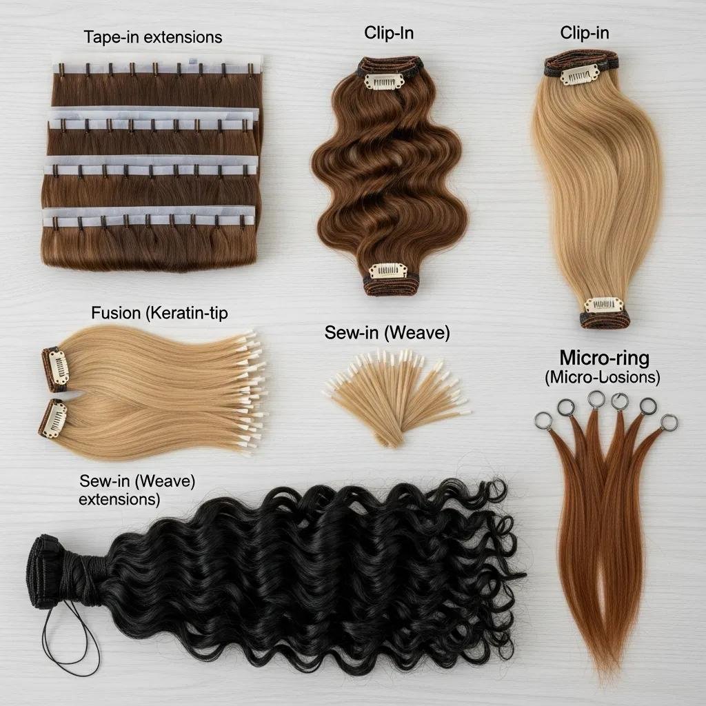 Collection of common extension types: tape-in, clip-in, fusion, sew-in, and micro-ring