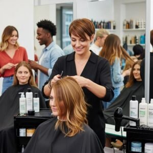 Diverse group of people in a salon, showcasing healthy hair and hair care products