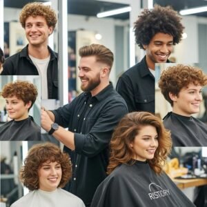 Diverse individuals with thick hair showcasing various stylish haircuts in a modern salon setting