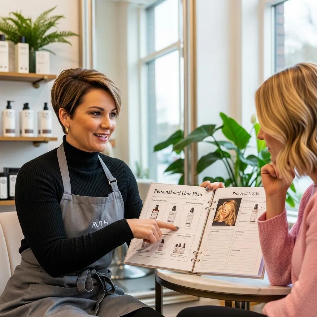 Ruth, an expert stylist, reviewing a custom hair plan with a client