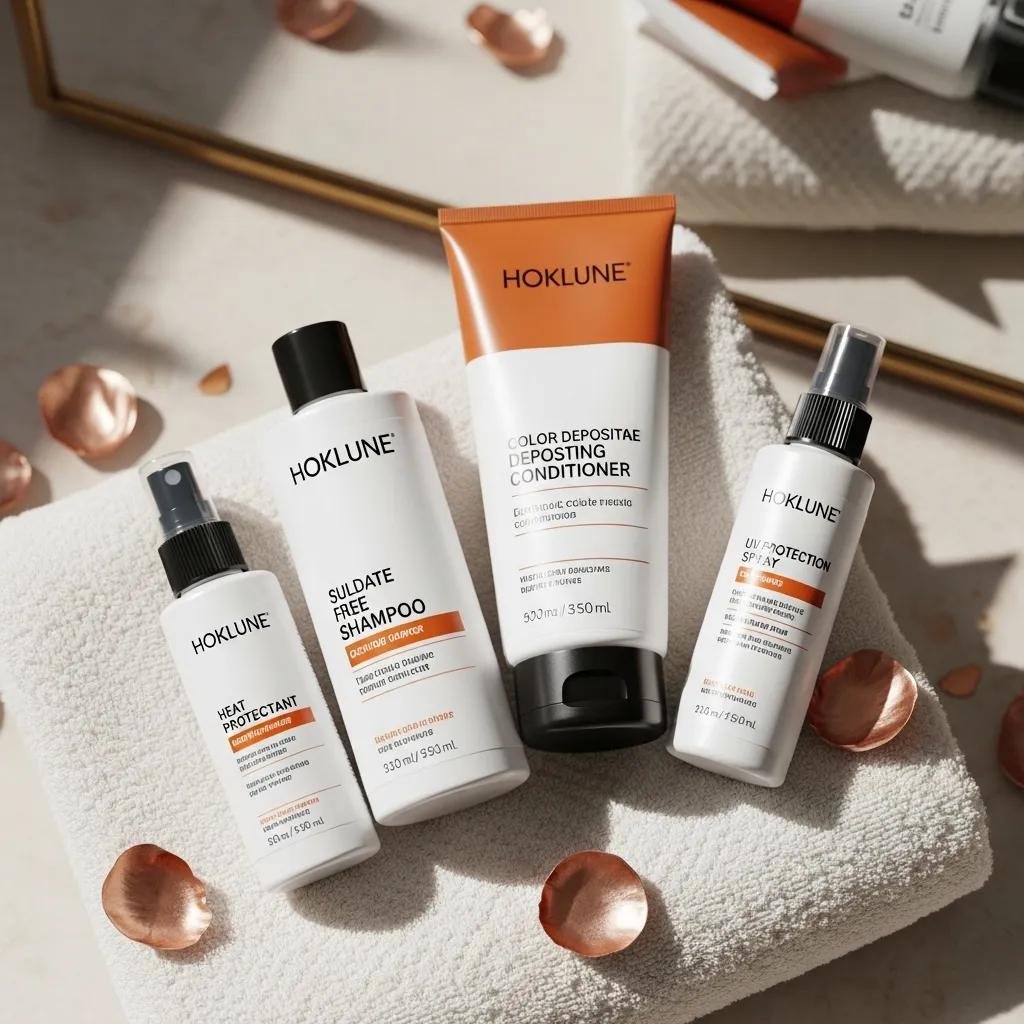 Flat lay of color-care products for copper hair—shampoo, conditioner, and treatments