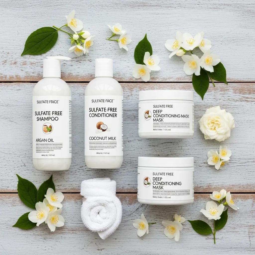 Flat lay of sulfate-free shampoo, conditioner, and a deep-conditioning mask on a wooden surface