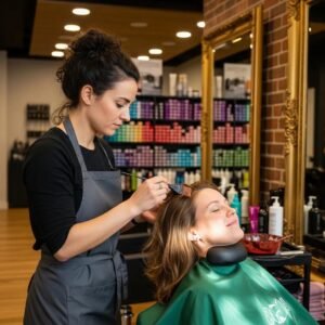 Hair salon scene with stylist applying demi-permanent hair color to a client, highlighting the hair coloring process