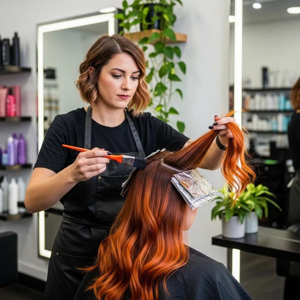 Hairstylist painting copper balayage in the salon, showing careful placement and artistry