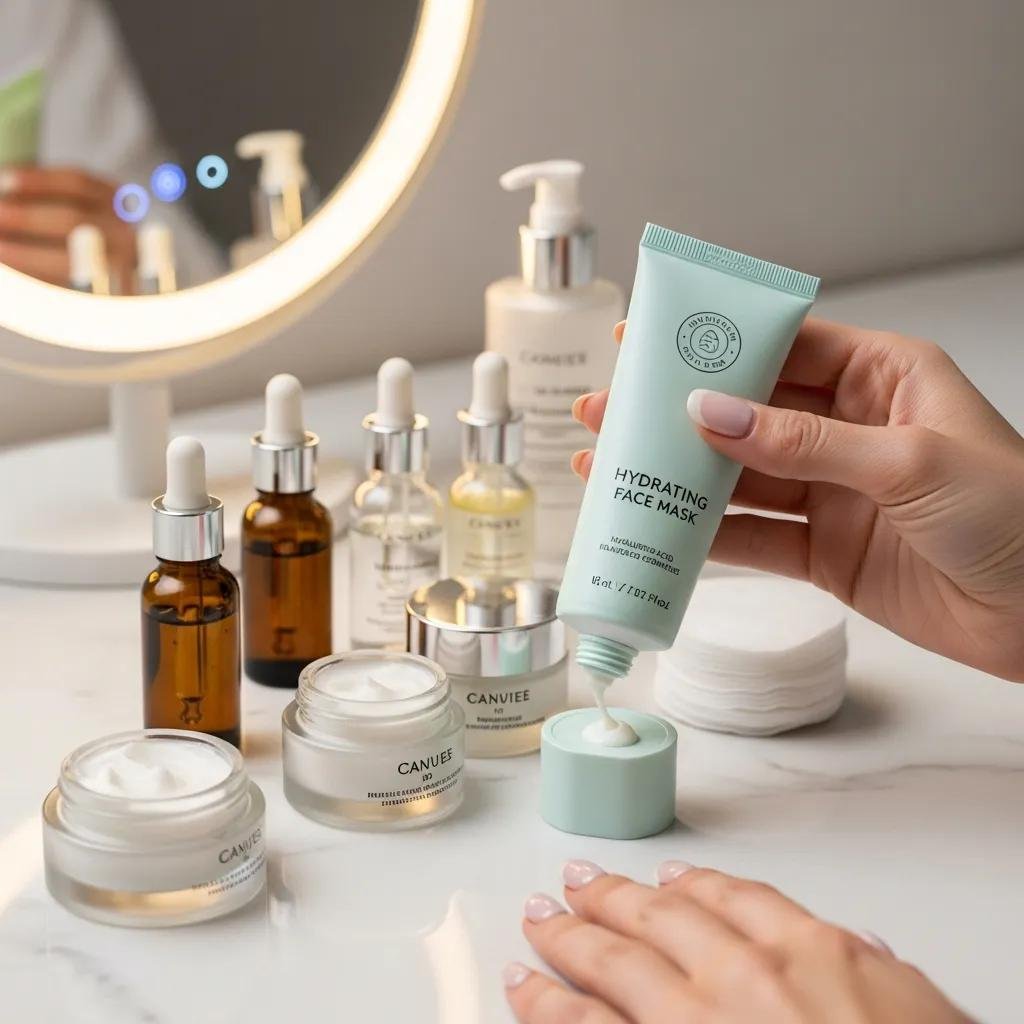 Hand holding a hydrating face mask tube among skincare products on a vanity