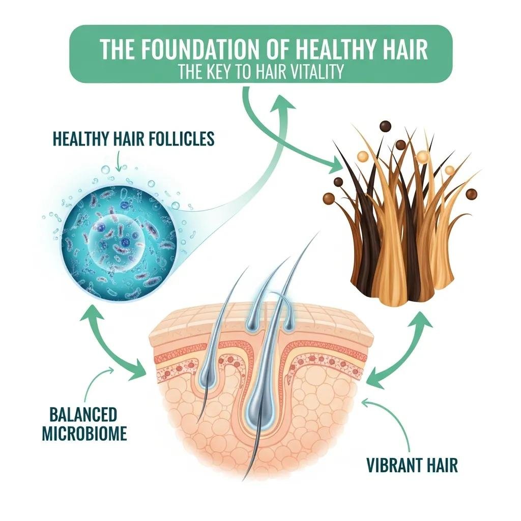 Graphic showing hair follicles and a balanced scalp microbiome for healthier growth