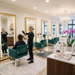 Luxurious hair salon interior with stylist and client, showcasing premium services