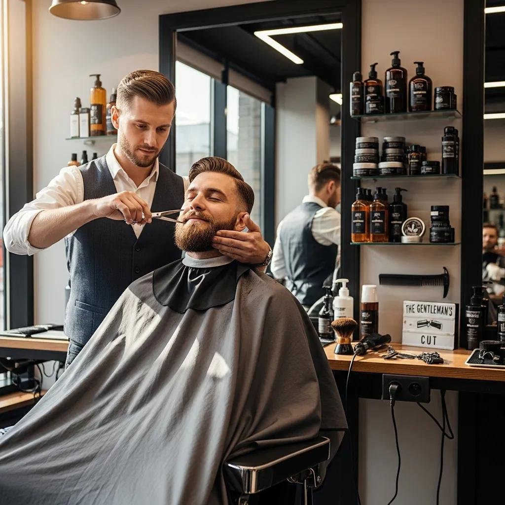 Barber shaping a client’s beard — comprehensive grooming services including beard care and trims at Kylie Studio Salon