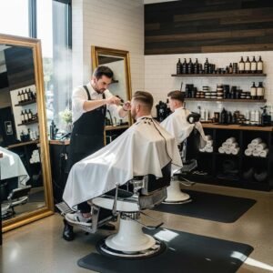 Modern barber shop interior with a male client receiving a precision haircut, highlighting professional men's grooming services