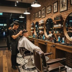 Modern barbershop interior with a barber cutting a young man's hair, highlighting men's grooming services