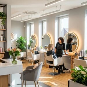 Modern hair salon interior in Chevy Chase, MD with stylish stations and welcoming atmosphere