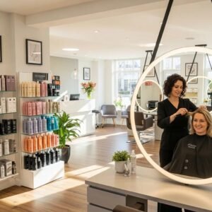 Modern hair salon interior with stylish stations and welcoming atmosphere