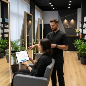Modern salon interior with stylist and client using online booking software