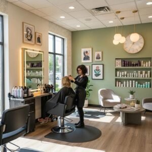 Modern salon interior with stylist cutting hair, showcasing quality and affordability in hair services