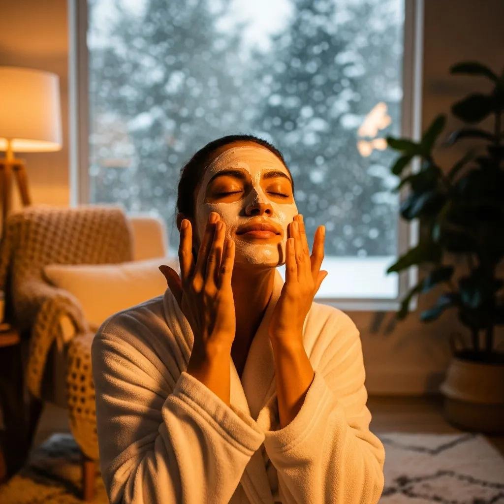 Person applying a hydrating face mask at home during winter