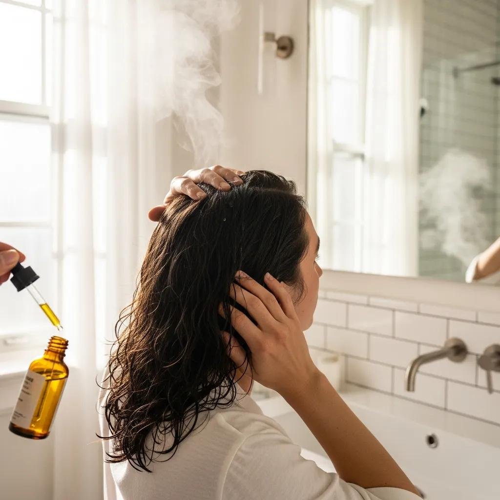 Person applying a small amount of hair oil in a bright bathroom — showing the benefits for shine and health