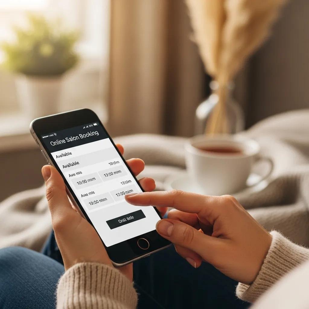 Person using a smartphone to book a salon appointment from home
