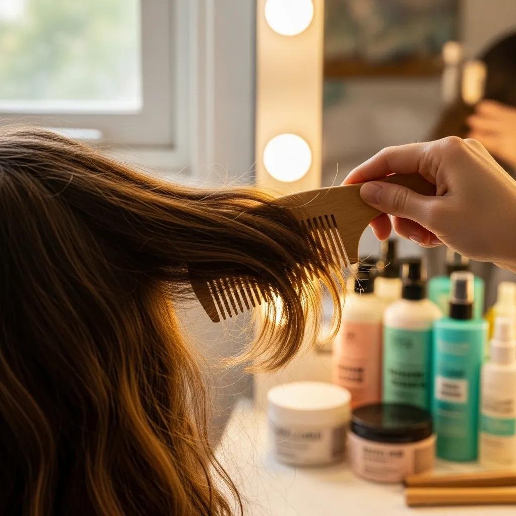 Using a wide-tooth comb to gently detangle hair, demonstrating healthy care