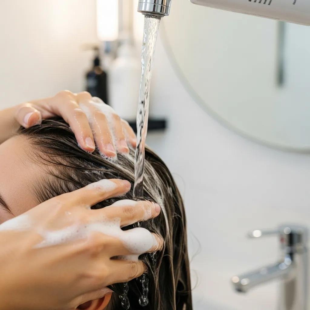 Someone washing hair in a bright bathroom, demonstrating personalized hair care