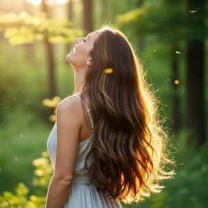 Person with long, healthy hair in a natural setting, symbolizing hair growth and wellness