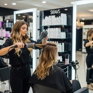Professional blowout service in a modern salon, highlighting stylist and client interaction