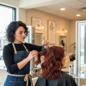 Professional hair glaze treatment enhancing shine and color in a modern salon