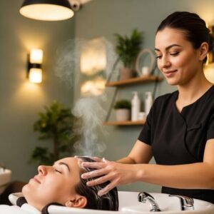Professional scalp detox treatment in a serene salon setting, highlighting the care and relaxation involved