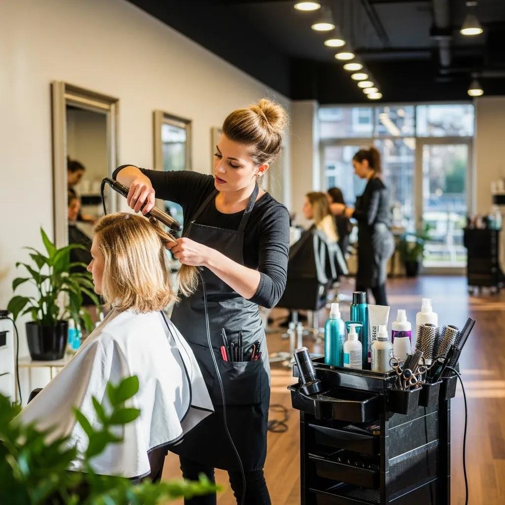 Professional stylist styling a client's hair in a bright salon