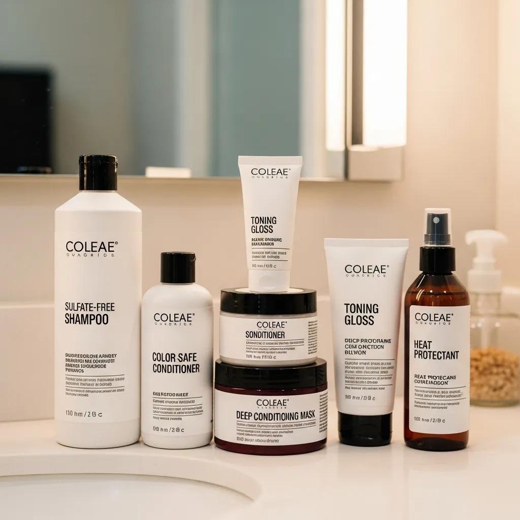 Shelf of recommended salon hair care products for balayage maintenance