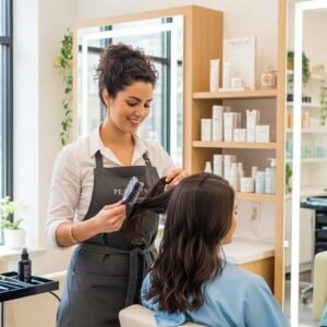 Salon scene with stylist applying keratin treatment, highlighting hair smoothing process