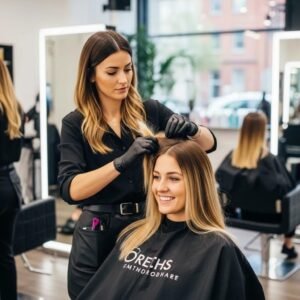 Stylish hair salon scene featuring a stylist applying balayage and ombré techniques on a client's hair