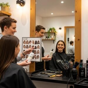 Stylish salon consultation scene with a stylist advising a client on personalized hair care