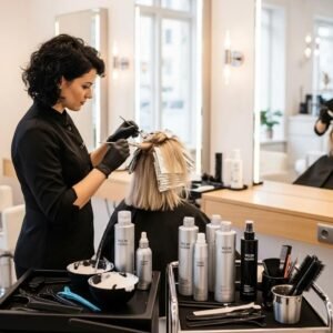 Stylist applying a platinum blonde hair treatment in a modern salon, highlighting professional care and vibrant results