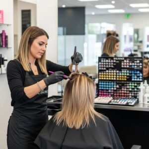 Stylist applying balayage hair color in a modern salon setting