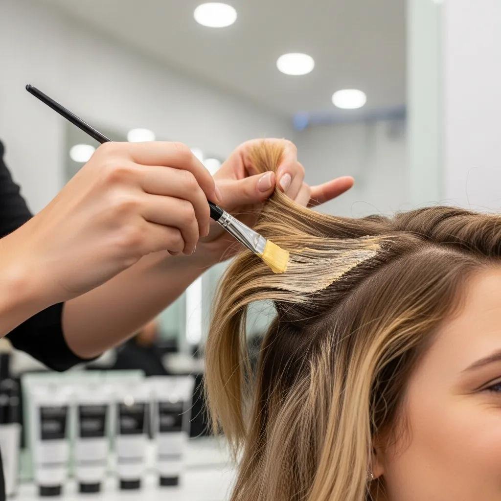 Stylist applying balayage to a client's hair in a professional salon, showing precise placement