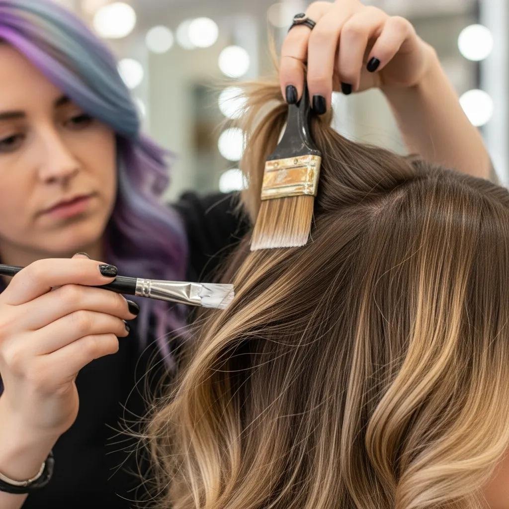 Stylist hand-painting balayage highlights to create soft, natural dimension