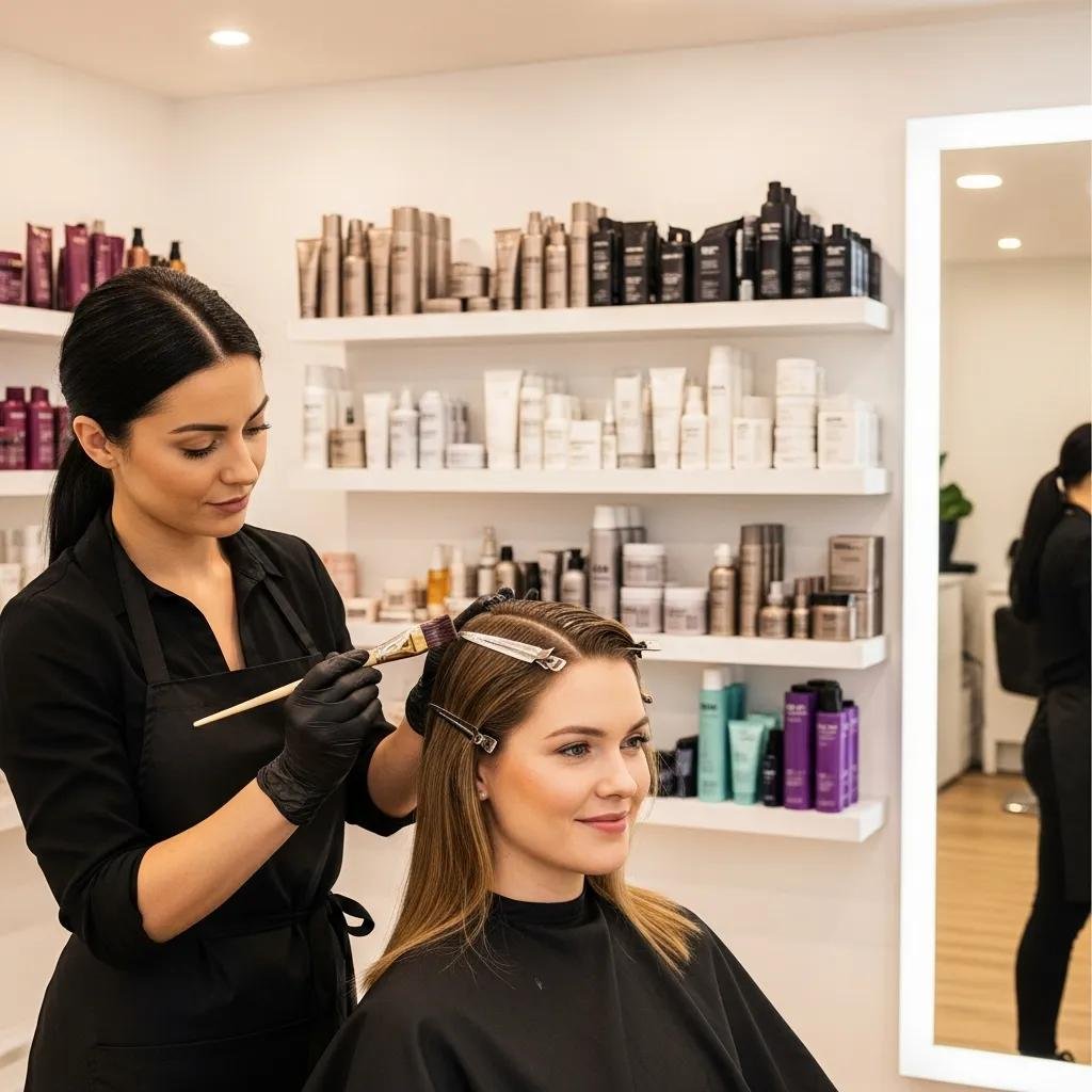 Stylist applying a color gloss to a client's hair inside a modern salon