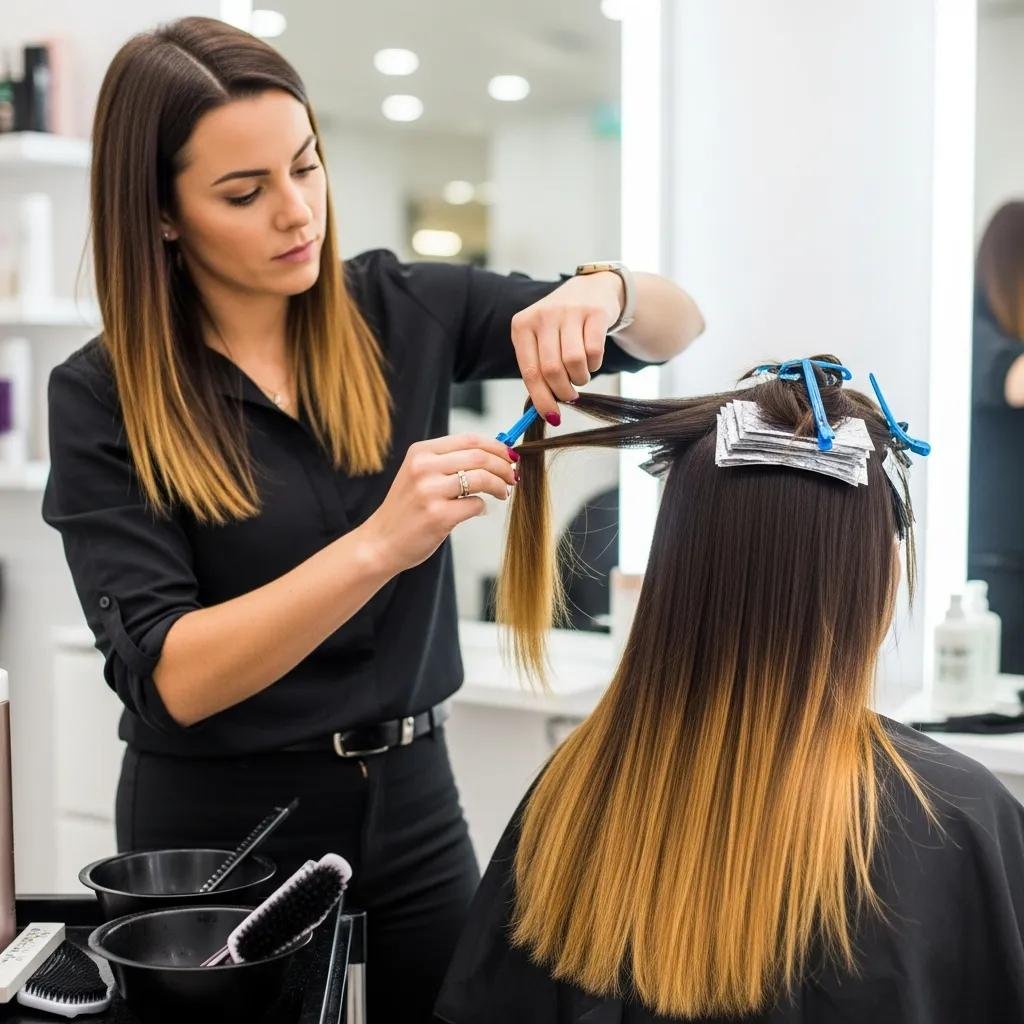 Stylist creating an ombré gradient, showing darker roots blending into lighter ends