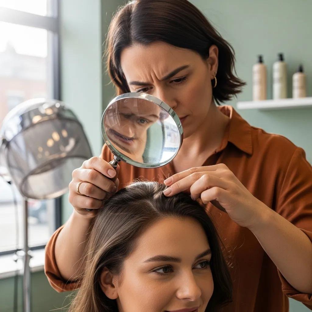 Stylist performing a close hair and scalp assessment during a consultation