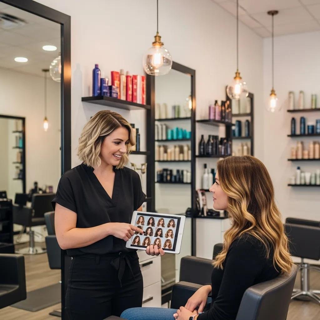 Kylie Studio stylist consulting with a client about short hair options and maintenance