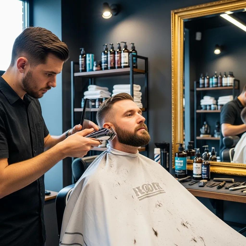 Stylist shaping a client's beard in a modern salon setting
