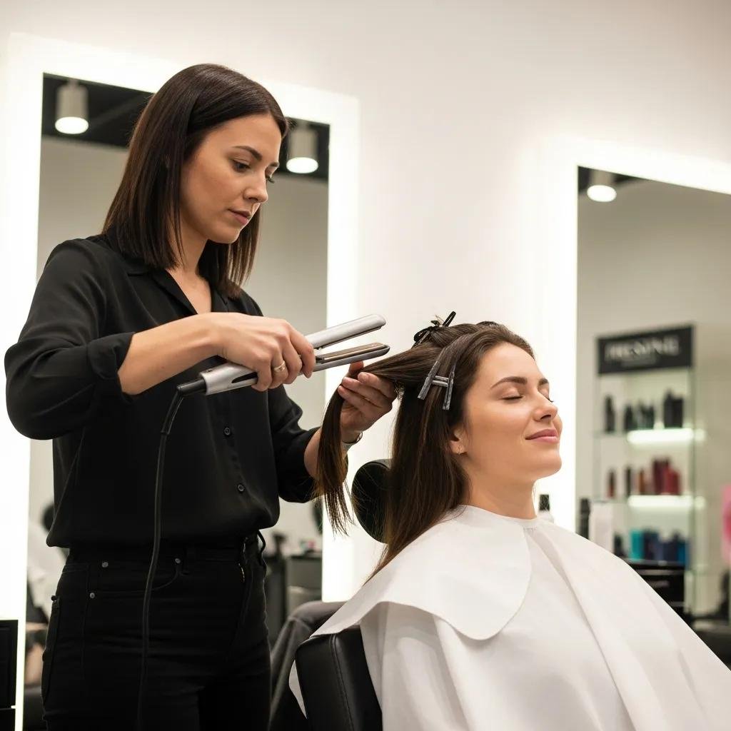 Stylist performing a keratin smoothing treatment on a client at Kylie Studio Salon