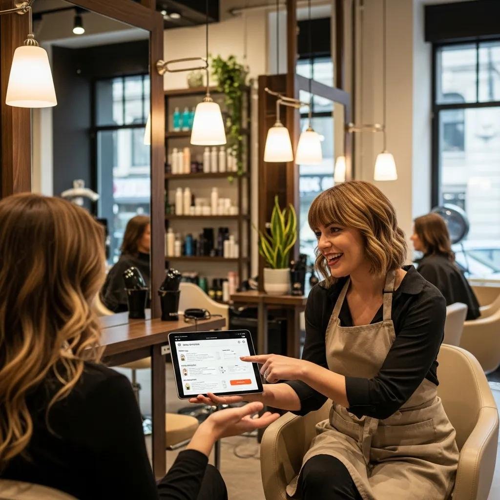 Stylist checking a client’s saved service notes on a tablet