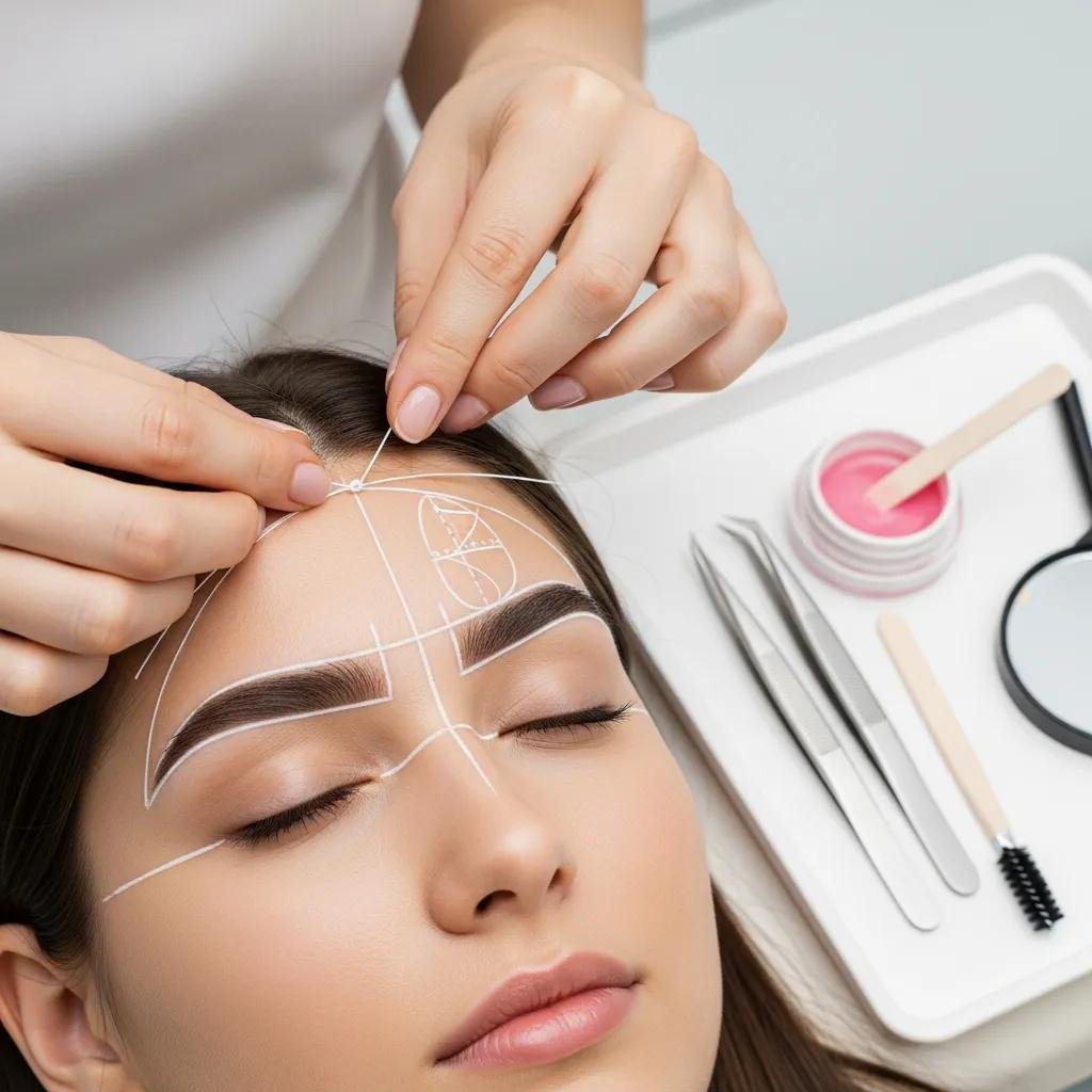 Precision brow mapping in progress with measurement tools and client consultation