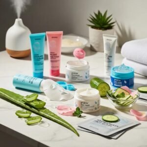 Variety of hydrating face masks with fresh ingredients on a bathroom counter
