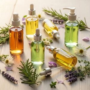 Variety of natural oils in glass bottles with herbs and flowers, representing hair health and shine